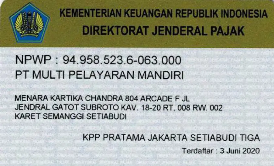 NPWP PT. Multi Pelayaran Mandiri