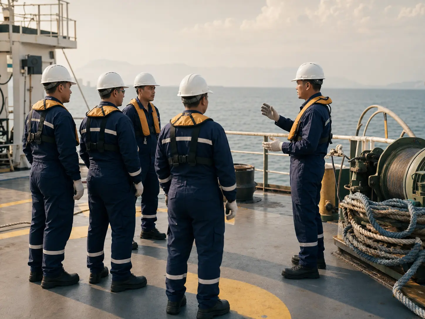 Kru maritim melakukan pengarahan keselamatan di atas kapal